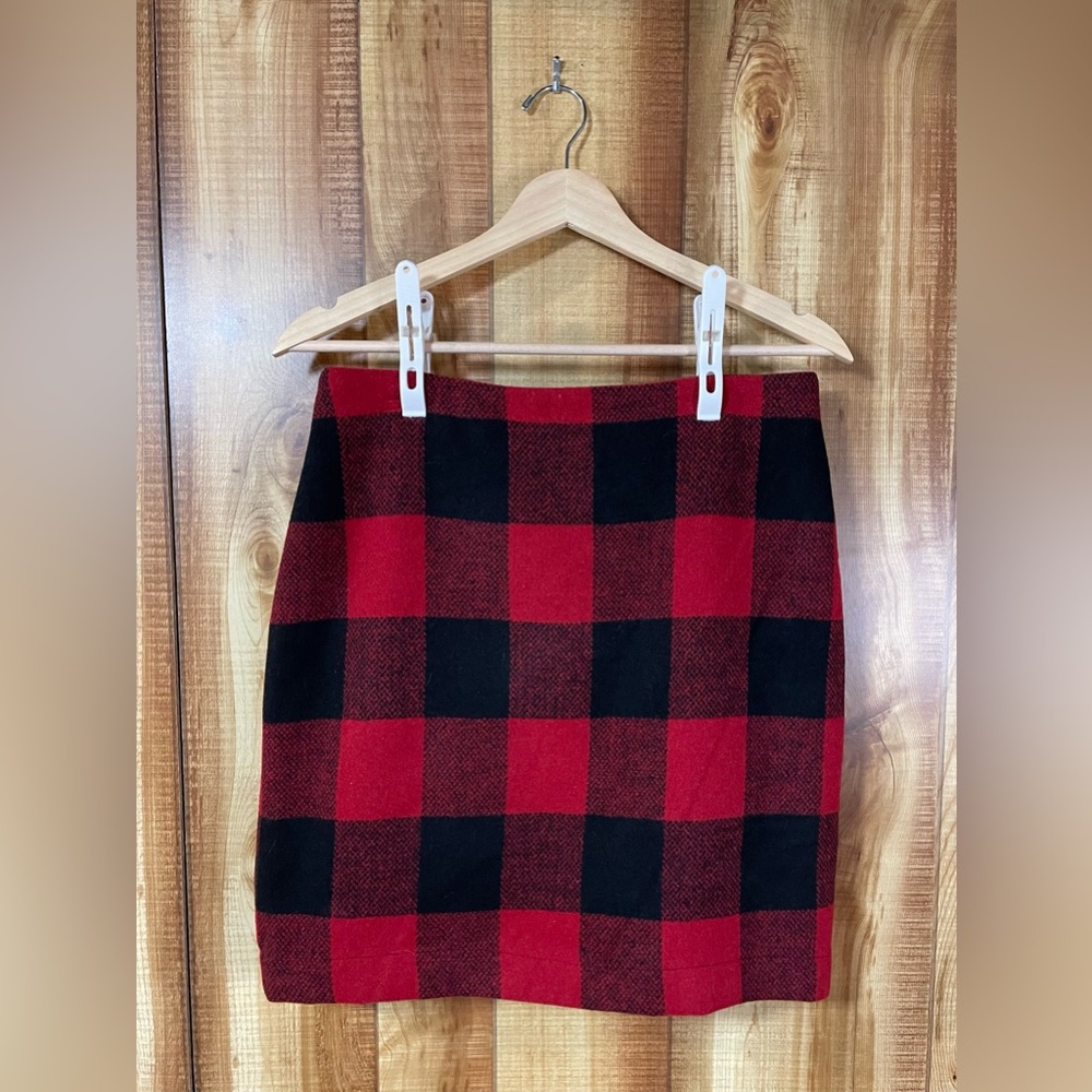 Boston Proper Red Black Buffalo Plaid Wool Blend Satin Lined Skirt